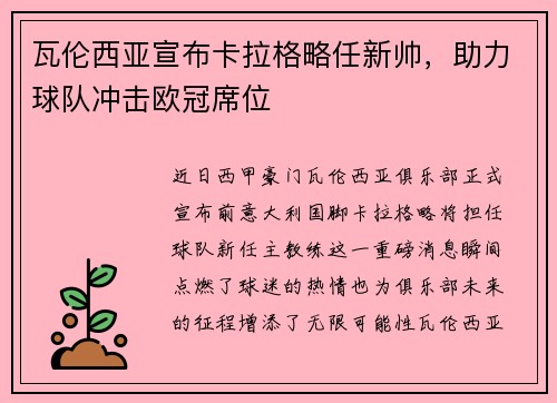 瓦伦西亚宣布卡拉格略任新帅，助力球队冲击欧冠席位